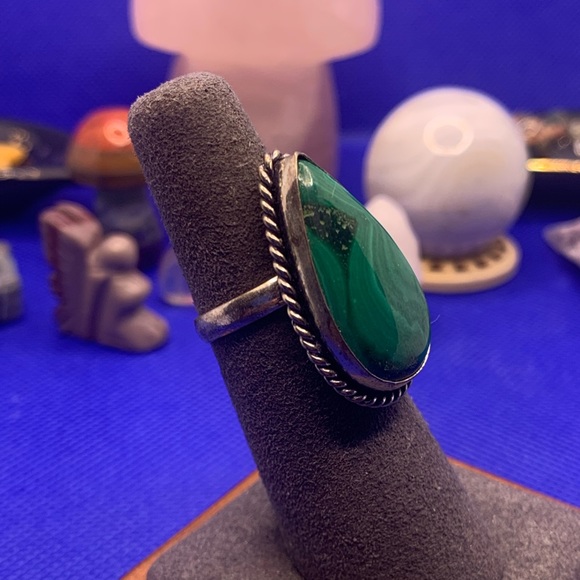 Comfort Curl ADJUSTABLE Genuine Fab Green Malachite Ring! .925 Sterling Overlay - Picture 2 of 16
